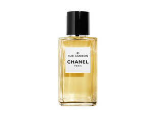 Chanel perfume bottle with a white label on a white background