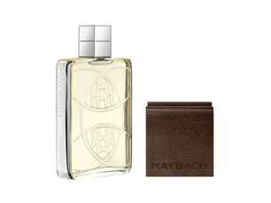 Maybach perfume bottle and wooden box on a white background
