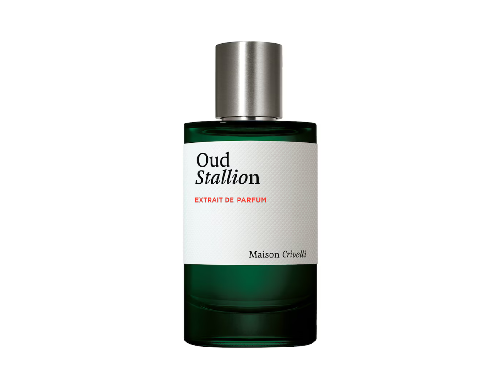 Perfume bottle labeled 'Oud Stallion' by Maison Crivelli on a white background