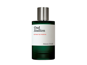 Perfume bottle labeled 'Oud Stallion' by Maison Crivelli on a white background
