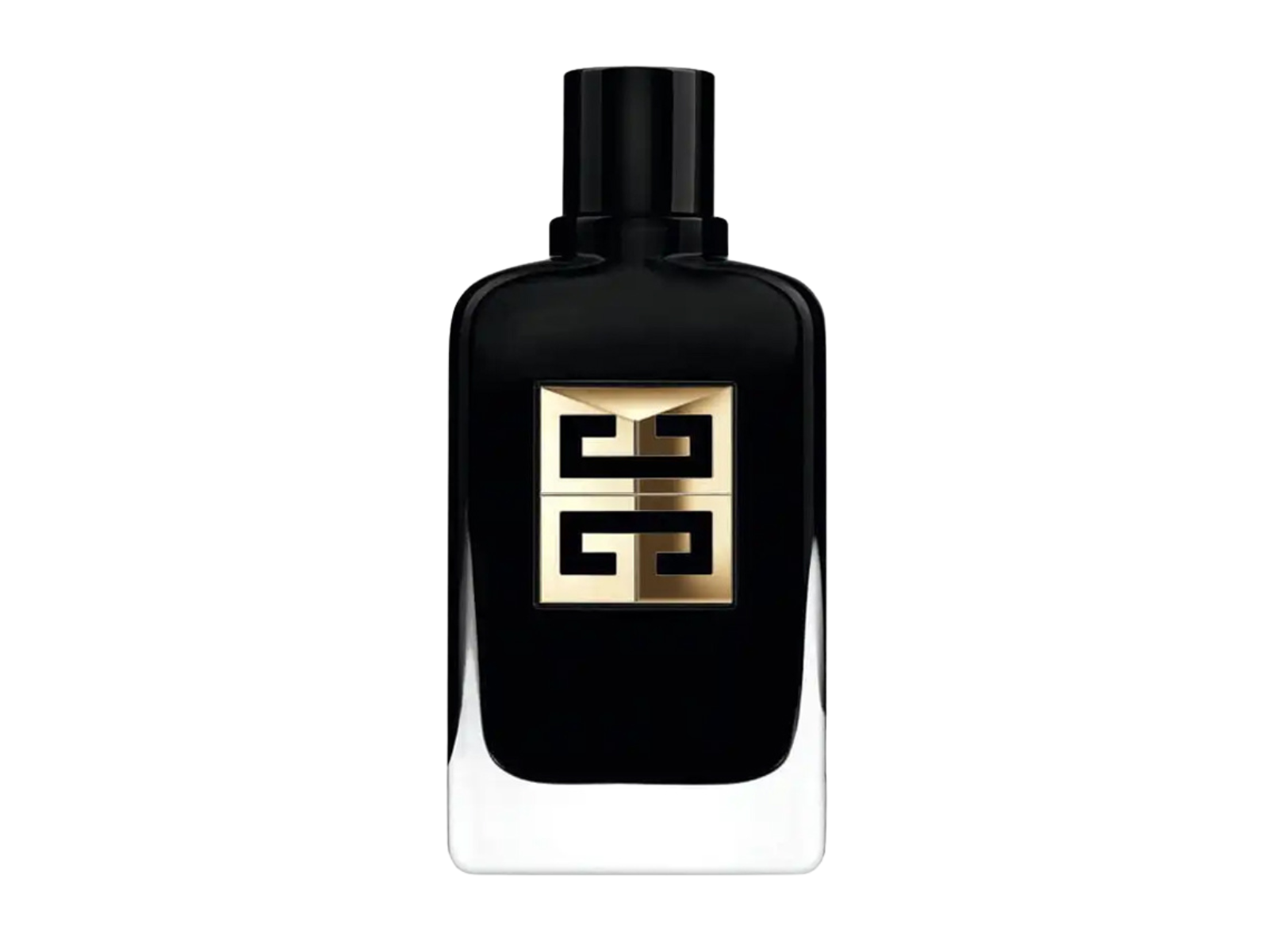 Black perfume bottle with gold logo on a white background
