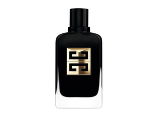 Black perfume bottle with gold logo on a white background