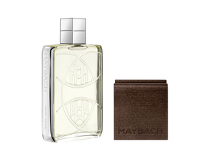 Maybach perfume bottle and wooden box on a white background