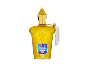 Yellow perfume bottle with gold cap on a white background