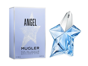 Mugler Angel perfume bottle and packaging on a white background