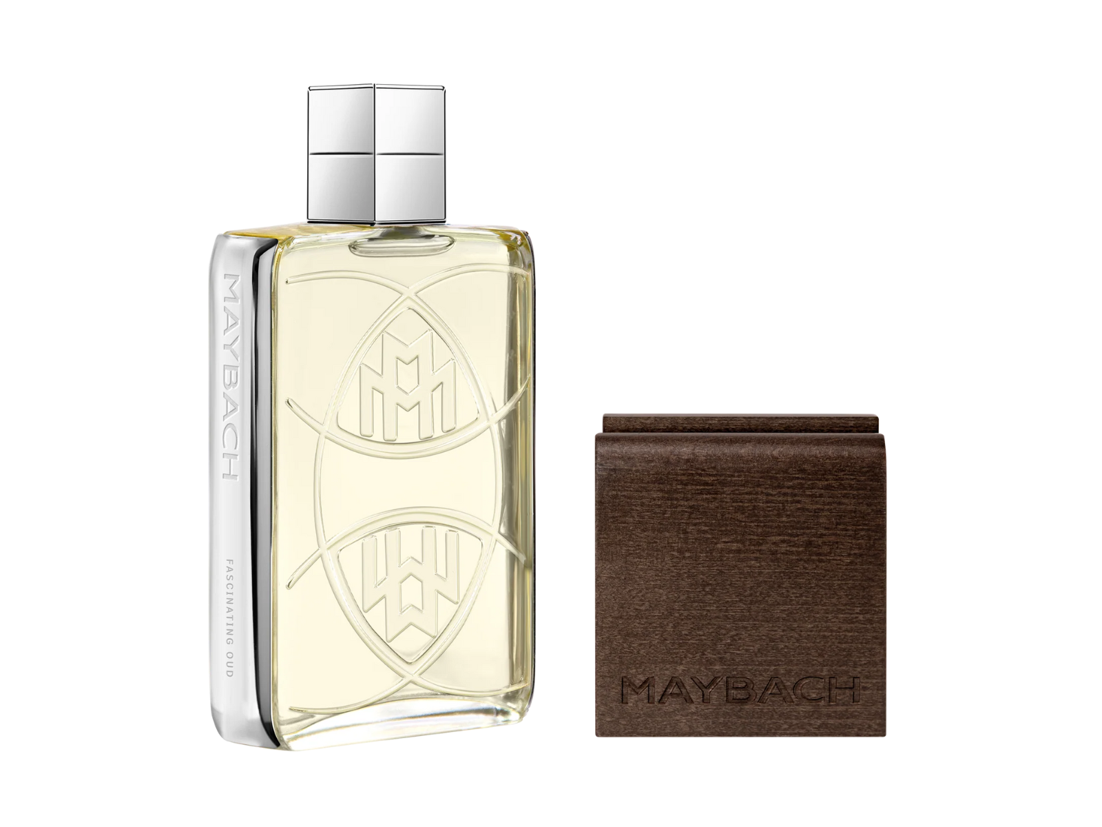 Maybach perfume bottle with brown box on a white background