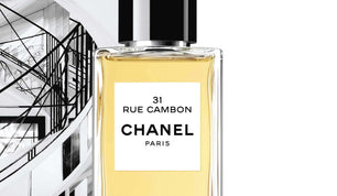 Chanel perfume bottle with '31 Rue Cambon' label against a white background