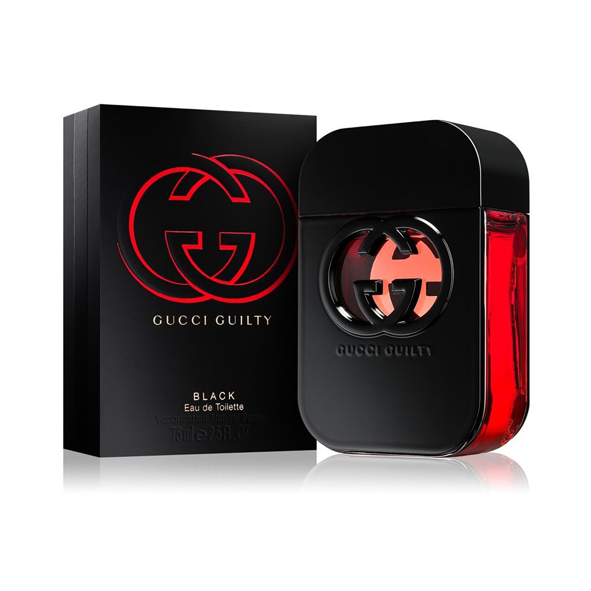 Gucci Guilty Black perfume bottle and packaging on a white background