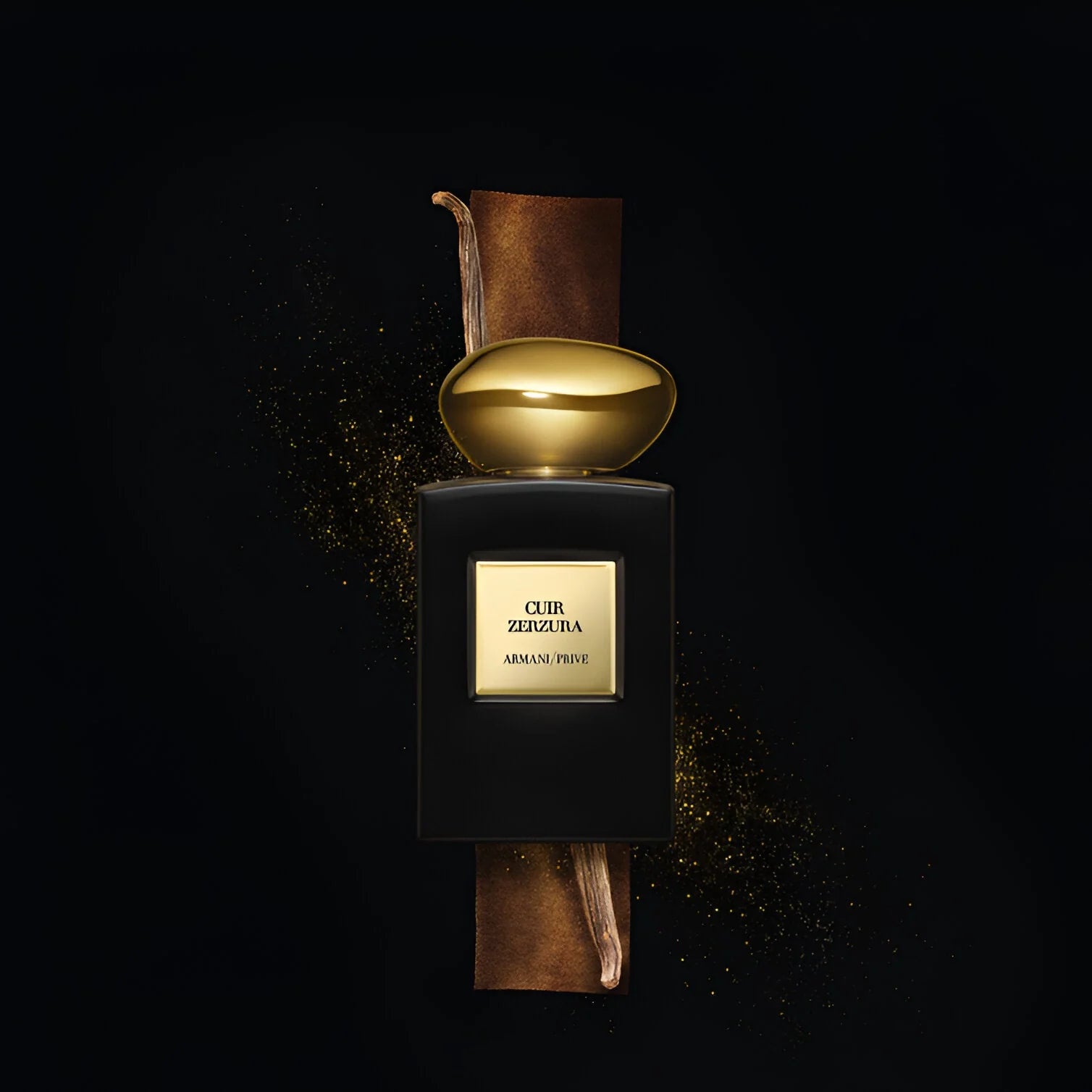 Perfume bottle with gold cap and 'Cuir Zellige' label on a dark background