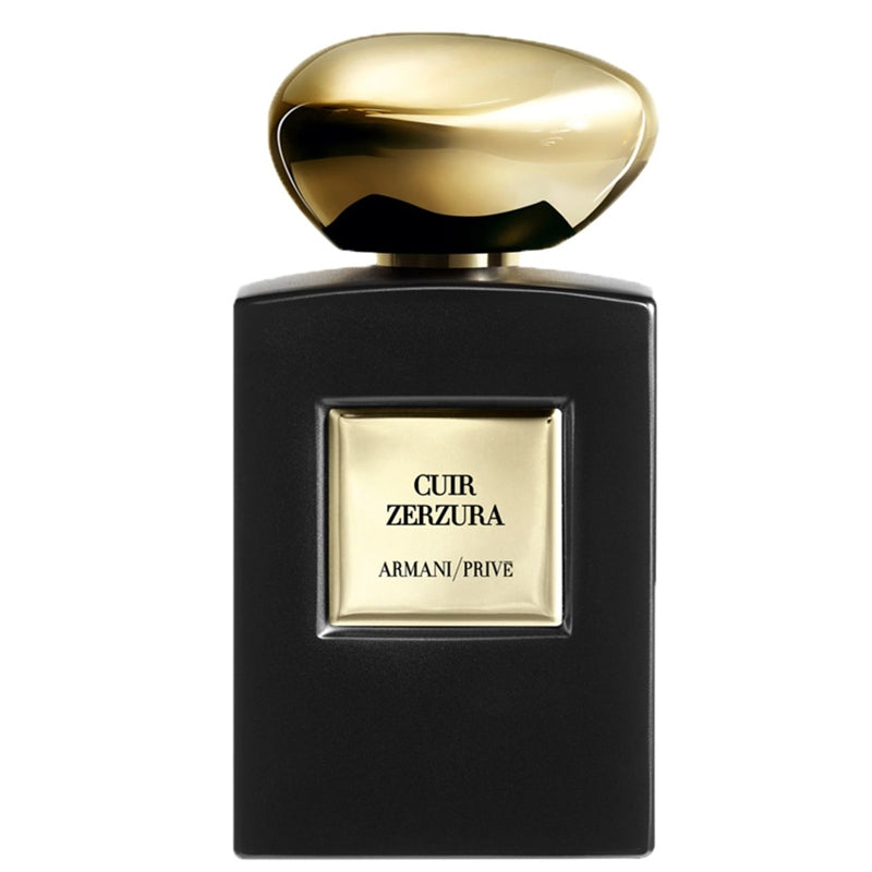 Black and gold perfume bottle labeled 'Cuir Zerzura' by Armani Prive on a white background