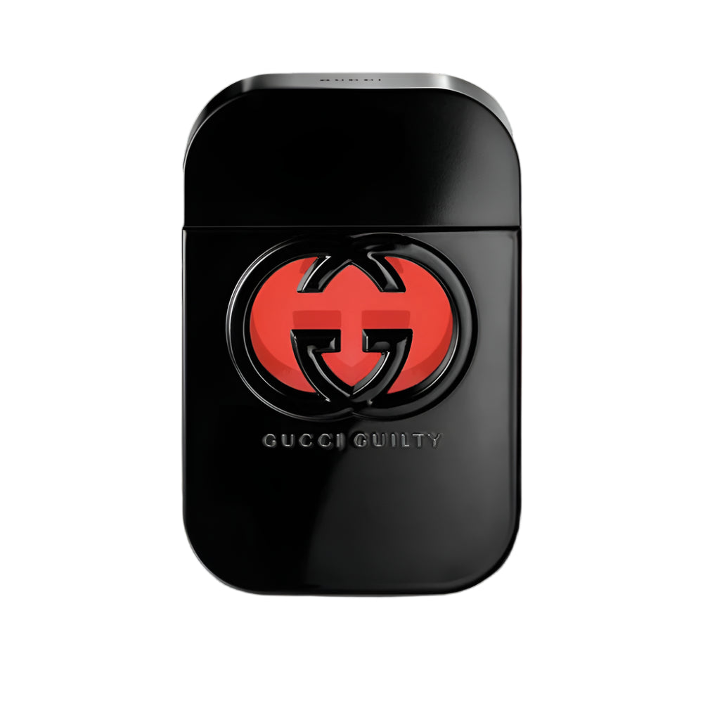 Black Gucci Guilty perfume bottle with red logo on a white background