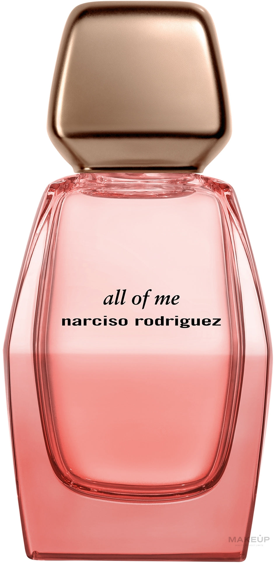 Narciso Rodriguez 'All of Me' perfume bottle with pink body and gold cap on a white background