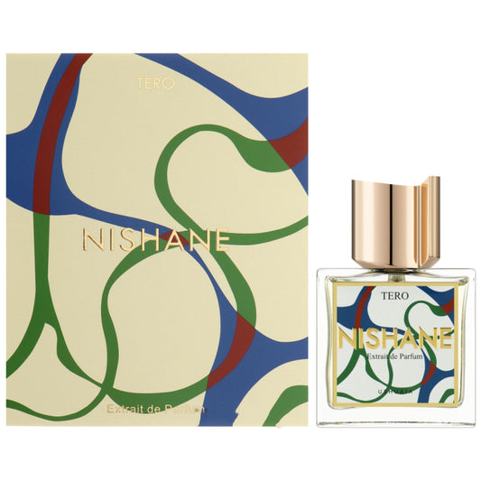 Nishane Tero perfume bottle with abstract design packaging on a white background