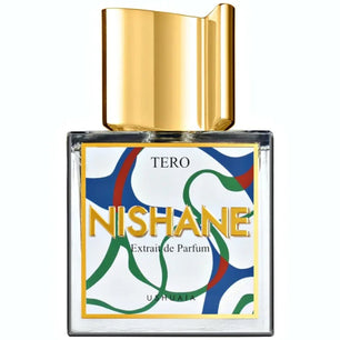 Nishane Tero perfume bottle with gold cap on a white background