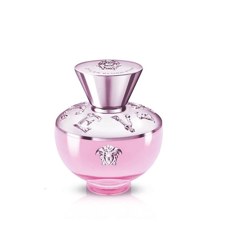 Pink perfume bottle with a silver cap on a white background