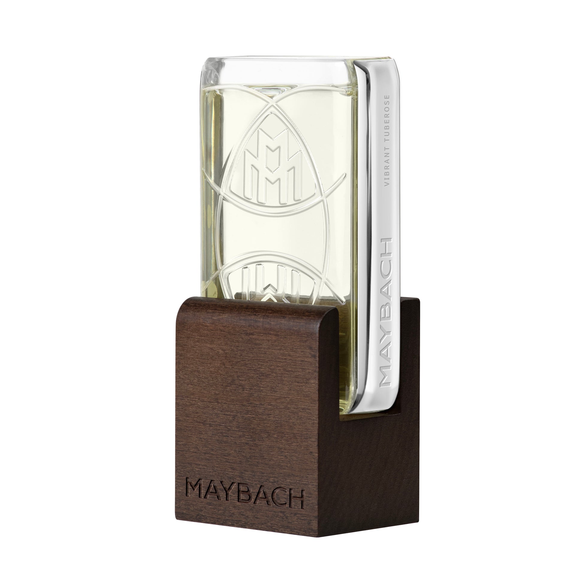 Maybach perfume bottle with wooden base on a white background