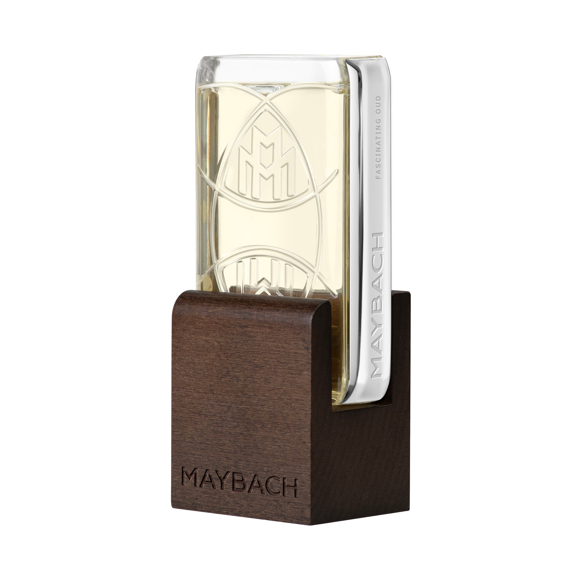 Maybach perfume bottle with wooden base on a white background