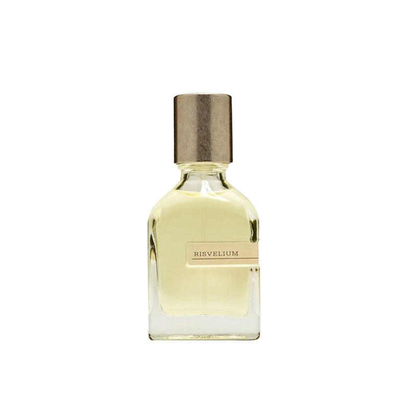 Perfume bottle with gold cap and label on a white background