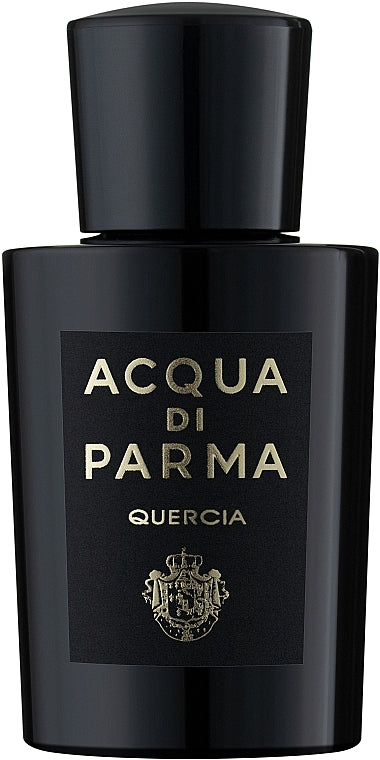 Black Acqua di Parma Quercia perfume bottle on a white background