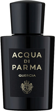 Black Acqua di Parma Quercia perfume bottle on a white background