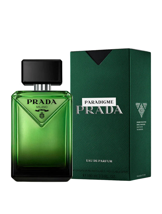 Prada Paradigme Eau de Parfum bottle and packaging on a white background