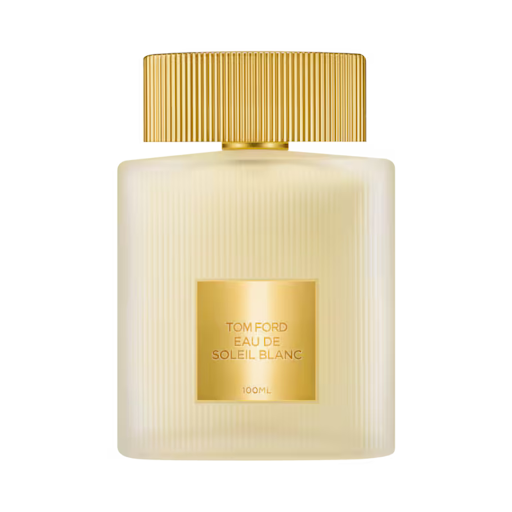 Tom Ford Eau de Soleil Blanc perfume bottle with gold cap and label on a white background