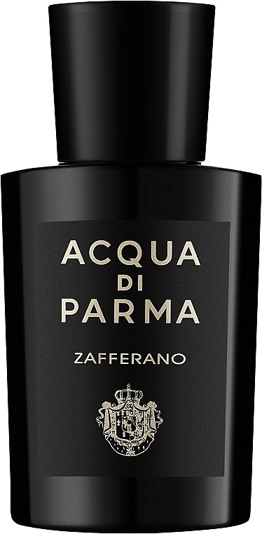 Black Acqua di Parma Zafferano perfume bottle on a white background