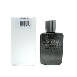 Black perfume bottle with packaging on a white background