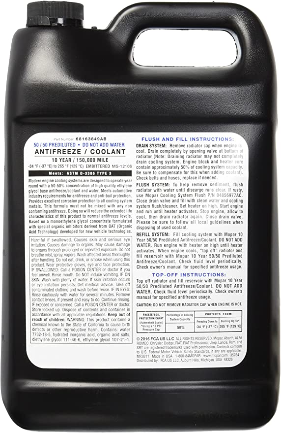Mopar Coolant/Antifreeze For Jeep, Chrysler, Dodge, Ram (10 Years) ROOYAS