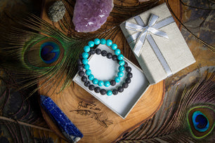 Natural Turquoise & lava double up bracelet - ROOYAS