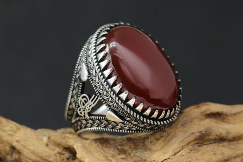 yamen red agate with silver ring - ROOYAS