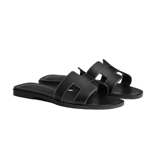 Hermes Oran Sandal Noir Piqures Ecrues