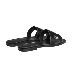 Hermes Oran Sandal Noir Piqures Ecrues